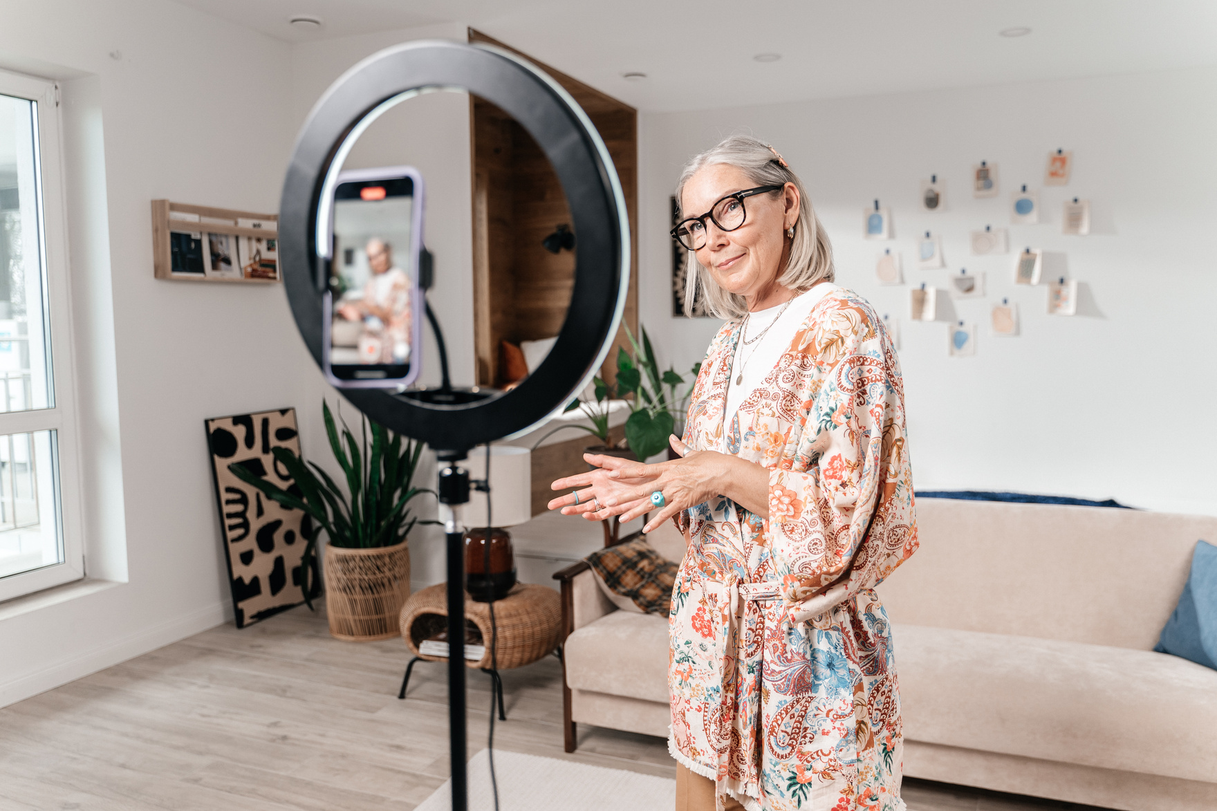Elderly Woman Making Social Media Video Using Ring Light